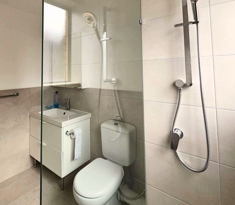 Bathroom with modern wall-mounted showerhead and under-sink storage